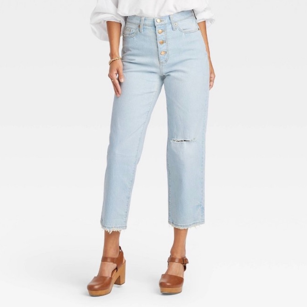 Distressed High-Rise Straight Cropped Jeans